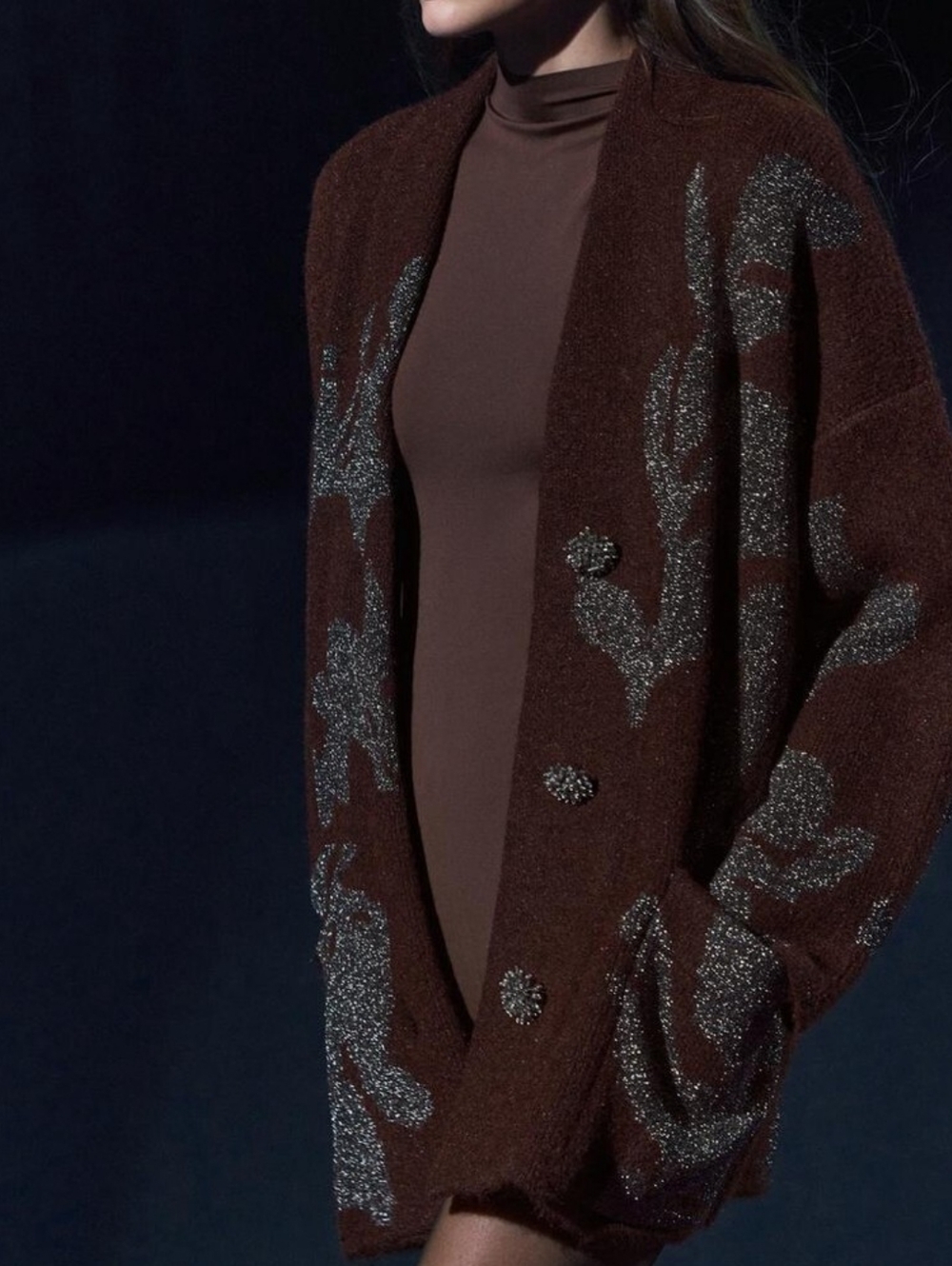 Zara Brown Cardigan with Silver Metallic Floral Accents